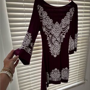 Elegant Burgundy Dress with White Embroidery